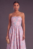 Blue Jacquard Strapless A-Line Midi Wedding Guest Dress with Ruffles