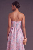 Blue Jacquard Strapless A-Line Midi Wedding Guest Dress with Ruffles