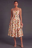 Apricot A-Line Square Neck Floral Print Midi Wedding Guest Dress