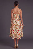 Apricot A-Line Square Neck Floral Print Midi Wedding Guest Dress