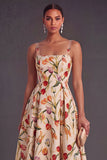 Apricot A-Line Square Neck Floral Print Midi Wedding Guest Dress