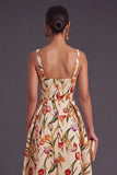 Apricot A-Line Square Neck Floral Print Midi Wedding Guest Dress