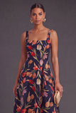 Apricot A-Line Square Neck Floral Print Midi Wedding Guest Dress