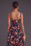 Apricot A-Line Square Neck Floral Print Midi Wedding Guest Dress