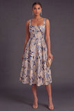 Apricot A-Line Square Neck Floral Print Midi Wedding Guest Dress