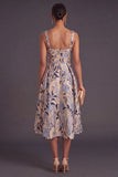 Apricot A-Line Square Neck Floral Print Midi Wedding Guest Dress