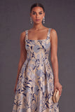 Apricot A-Line Square Neck Floral Print Midi Wedding Guest Dress