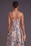 Apricot A-Line Square Neck Floral Print Midi Wedding Guest Dress