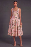 Apricot A-Line Square Neck Floral Print Midi Wedding Guest Dress