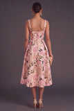 Apricot A-Line Square Neck Floral Print Midi Wedding Guest Dress