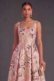 Apricot A-Line Square Neck Floral Print Midi Wedding Guest Dress