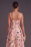 Apricot A-Line Square Neck Floral Print Midi Wedding Guest Dress