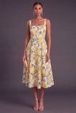 Apricot A-Line Square Neck Floral Print Midi Wedding Guest Dress