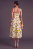Apricot A-Line Square Neck Floral Print Midi Wedding Guest Dress