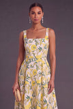 Apricot A-Line Square Neck Floral Print Midi Wedding Guest Dress