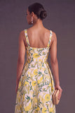 Apricot A-Line Square Neck Floral Print Midi Wedding Guest Dress