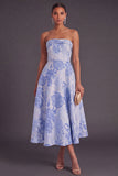 Blue A-Line Strapless Jacquard Midi Wedding Guest Dress