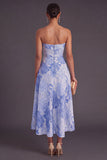 Blue A-Line Strapless Jacquard Midi Wedding Guest Dress