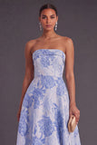 Blue A-Line Strapless Jacquard Midi Wedding Guest Dress