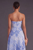Blue A-Line Strapless Jacquard Midi Wedding Guest Dress