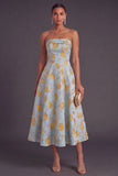 Blue A-Line Strapless Jacquard Midi Wedding Guest Dress