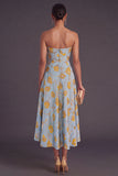Blue A-Line Strapless Jacquard Midi Wedding Guest Dress