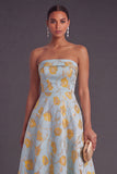 Blue A-Line Strapless Jacquard Midi Wedding Guest Dress