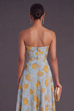 Blue A-Line Strapless Jacquard Midi Wedding Guest Dress