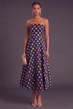 Blue A-Line Strapless Jacquard Midi Wedding Guest Dress