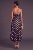Blue A-Line Strapless Jacquard Midi Wedding Guest Dress