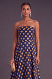 Blue A-Line Strapless Jacquard Midi Wedding Guest Dress
