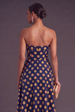 Blue A-Line Strapless Jacquard Midi Wedding Guest Dress