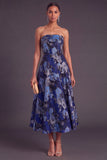 Blue A-Line Strapless Jacquard Midi Wedding Guest Dress