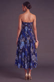 Blue A-Line Strapless Jacquard Midi Wedding Guest Dress