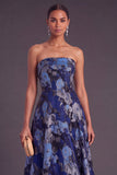 Blue A-Line Strapless Jacquard Midi Wedding Guest Dress