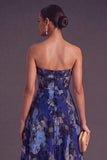 Blue A-Line Strapless Jacquard Midi Wedding Guest Dress