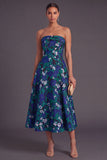 Blue A-Line Strapless Jacquard Midi Wedding Guest Dress