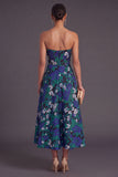 Blue A-Line Strapless Jacquard Midi Wedding Guest Dress