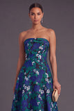 Blue A-Line Strapless Jacquard Midi Wedding Guest Dress