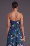 Blue A-Line Strapless Jacquard Midi Wedding Guest Dress