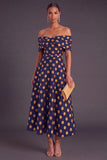 Gold Dot A-Line Off the Shoulder Midi Wedding Guest Dress
