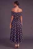 Gold Dot A-Line Off the Shoulder Midi Wedding Guest Dress