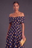Gold Dot A-Line Off the Shoulder Midi Wedding Guest Dress