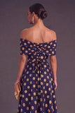 Gold Dot A-Line Off the Shoulder Midi Wedding Guest Dress