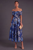 Gold Dot A-Line Off the Shoulder Midi Wedding Guest Dress