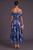 Gold Dot A-Line Off the Shoulder Midi Wedding Guest Dress
