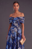 Gold Dot A-Line Off the Shoulder Midi Wedding Guest Dress