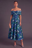 Gold Dot A-Line Off the Shoulder Midi Wedding Guest Dress