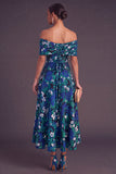 Gold Dot A-Line Off the Shoulder Midi Wedding Guest Dress