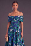 Gold Dot A-Line Off the Shoulder Midi Wedding Guest Dress